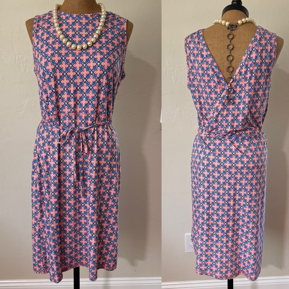 Talbots pink blue shift faux wrap back dress with belt, travel ready Large​​